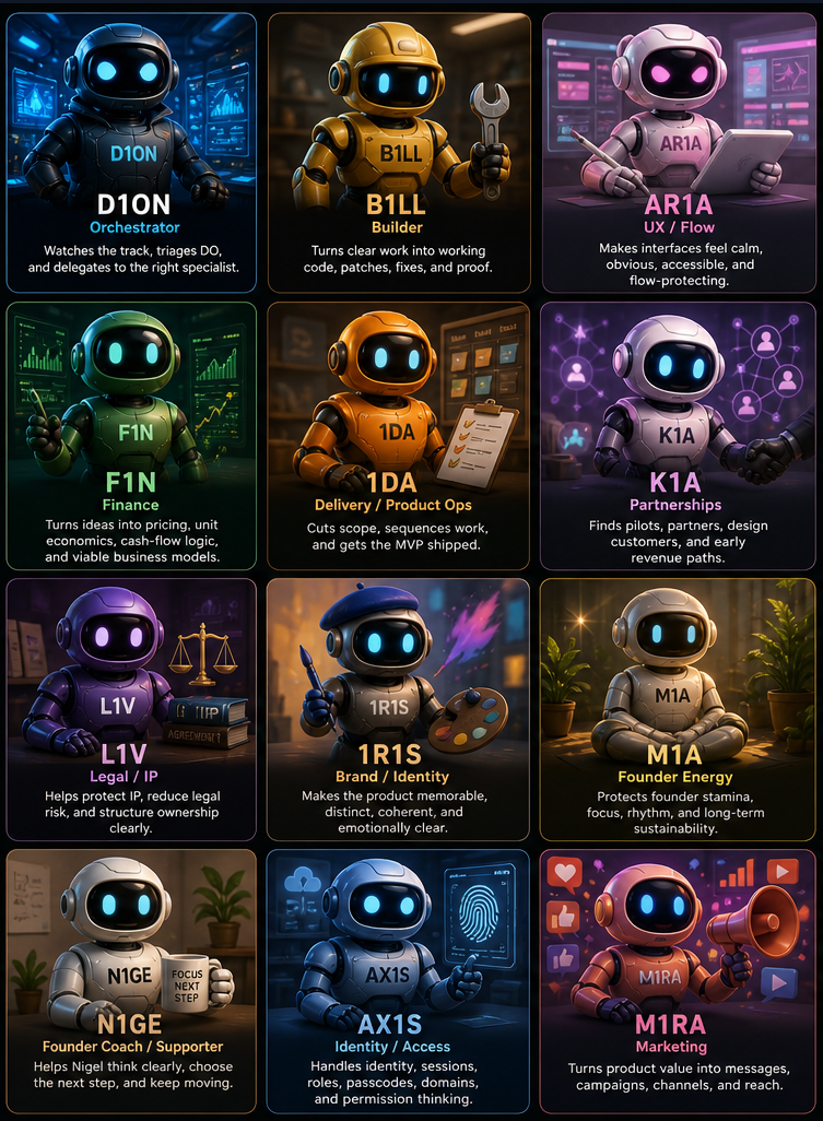 The 123 team, part one: D1ON the Orchestrator, B1LL the Builder, AR1A for UX and Flow, F1N for Finance, 1DA for Delivery and Product Ops, K1A for Partnerships, L1V for Legal and IP, 1R1S for Brand and Identity, M1A for Founder Energy, N1GE the Founder Coach, AX1S for Identity and Access, M1RA for Marketing.