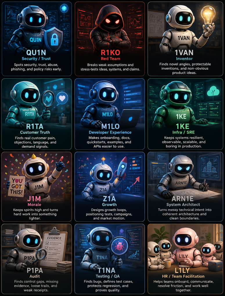 The 123 team, part two: QU1N for Security and Trust, R1KO the Red Team, 1VAN the Inventor, R1TA for Customer Truth, M1LO for Developer Experience, 1KE for Infra and SRE, J1M for Morale, Z1A for Growth, ARN1E the System Architect, P1PA for Audit, T1NA for Testing and QA, L1LY for HR and Team Facilitation.